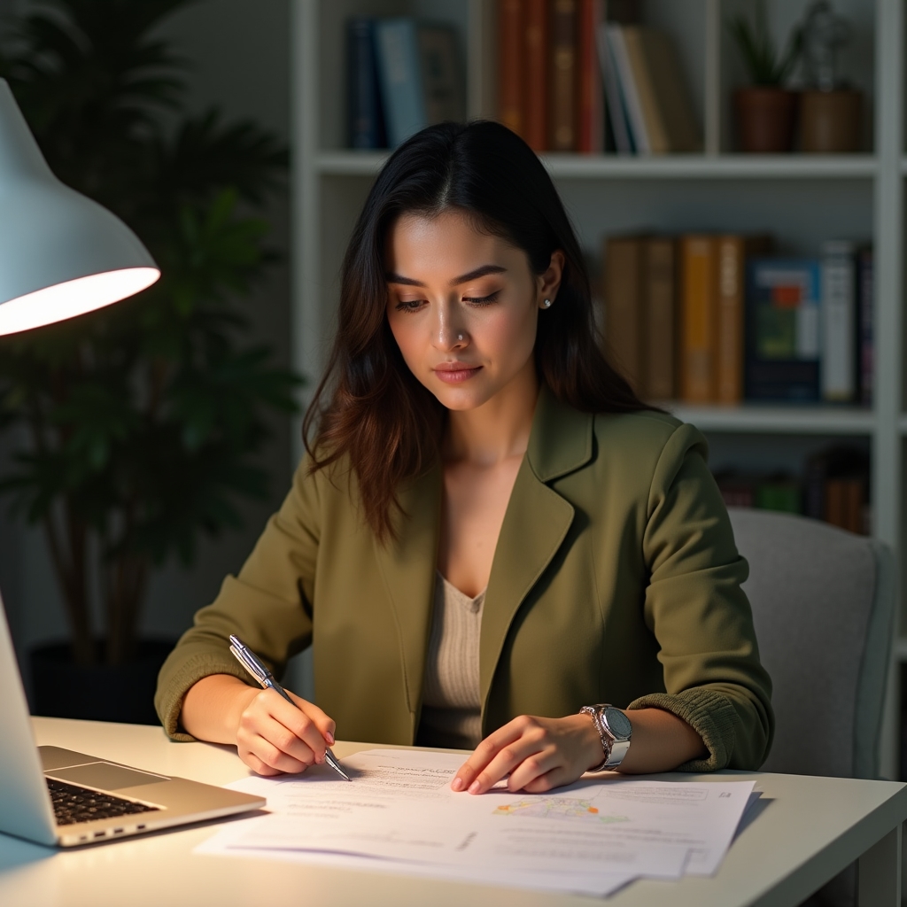 Professional reviewing environmental communication documents at a desk
