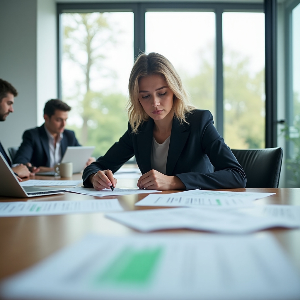 Business compliance documents spread across a conference table with professional reviewing them