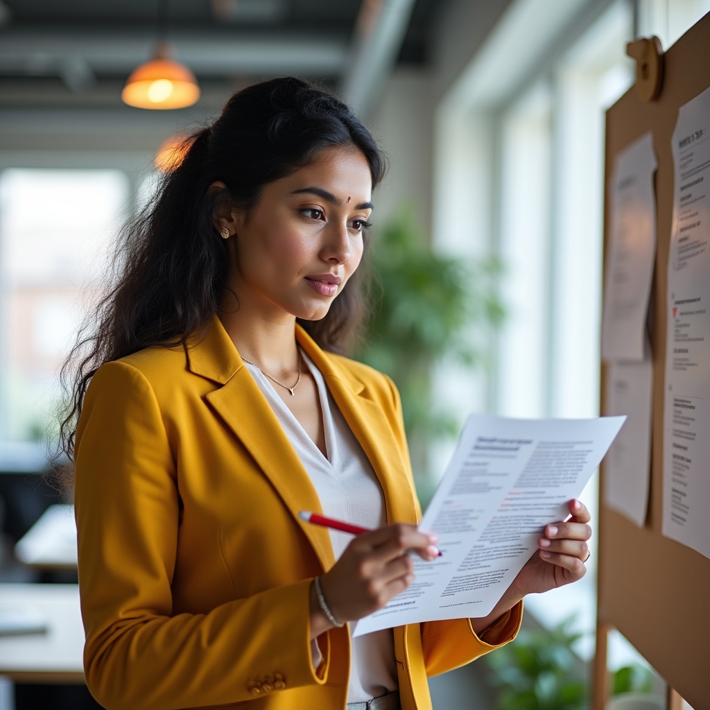 Professional with a checklist reviewing environmental claims in a marketing document
