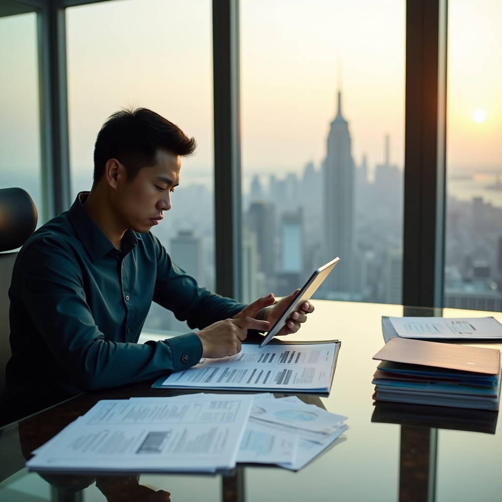 Professional carefully reviewing environmental reporting documentation at a modern desk