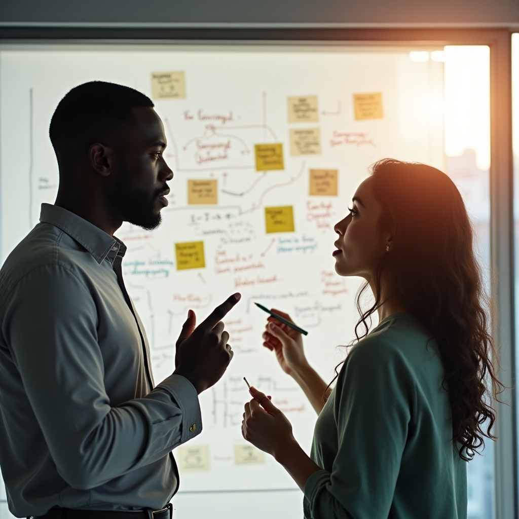 Two colleagues reviewing process improvement plans on a whiteboard