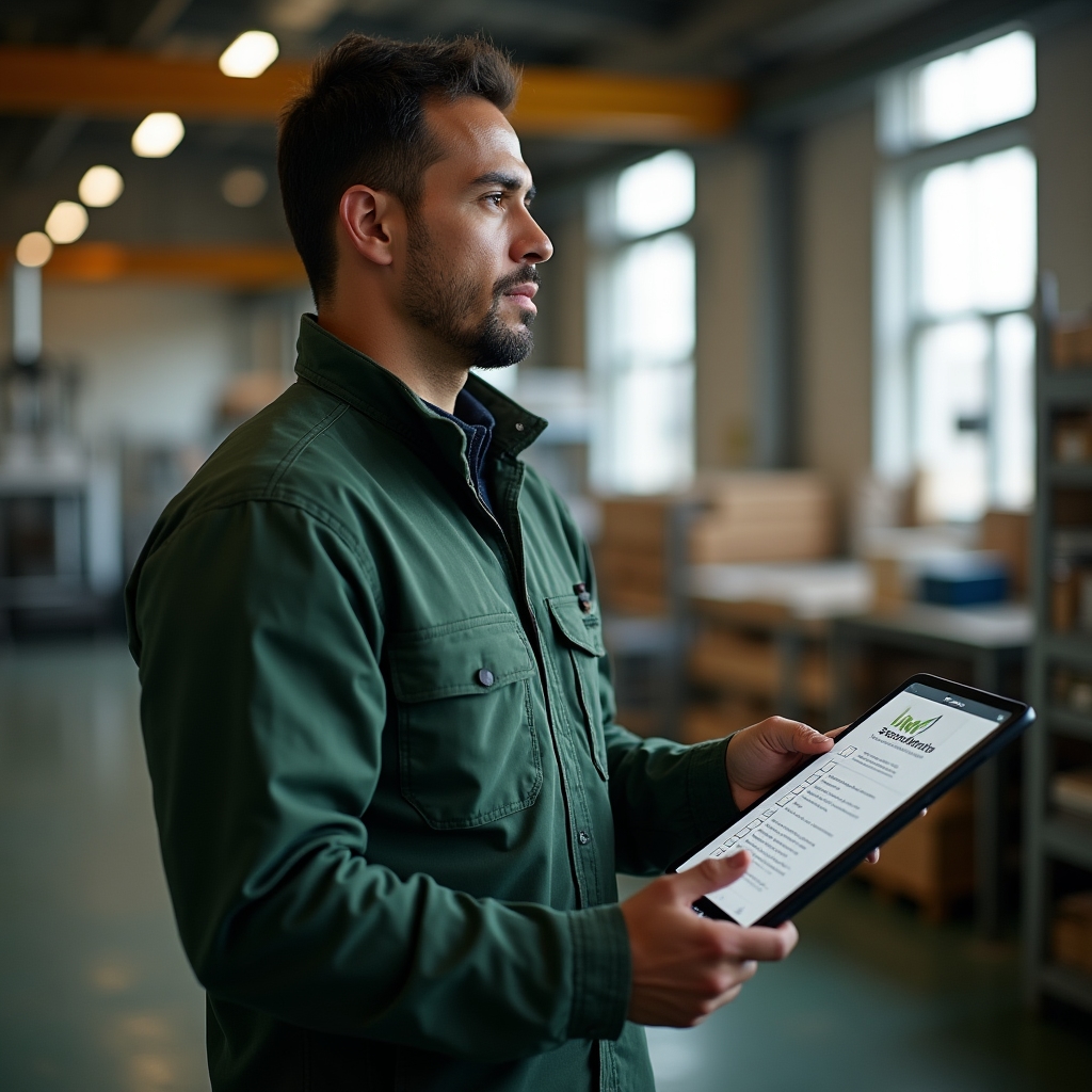 Small business owner in a production facility reviewing materials and sustainability notes