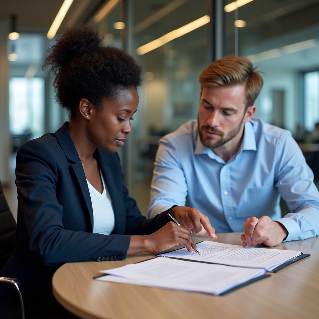 Two professionals in a bright office reviewing supplier documentation together at a table