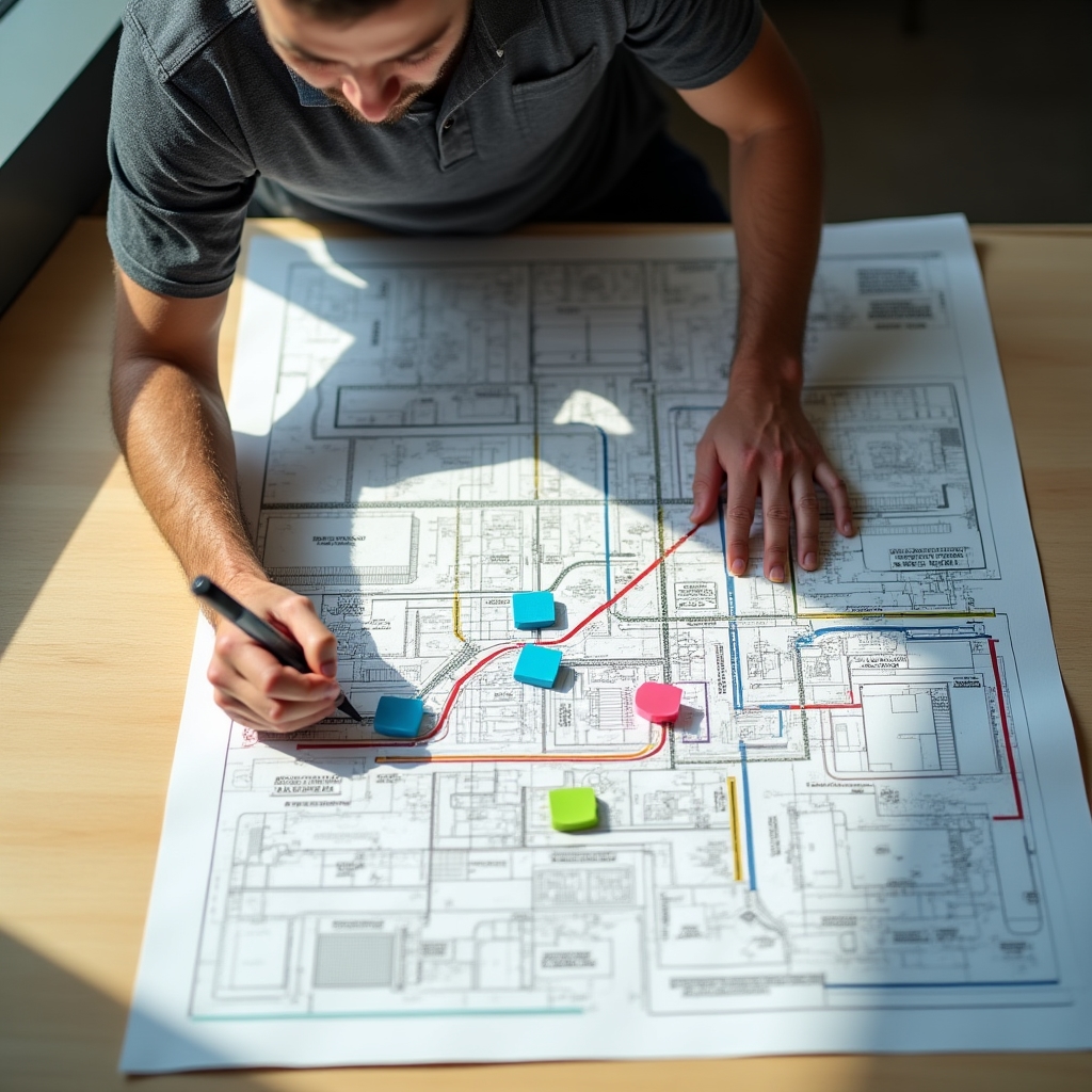 Business owner mapping waste streams on a large printed floor plan of their facility